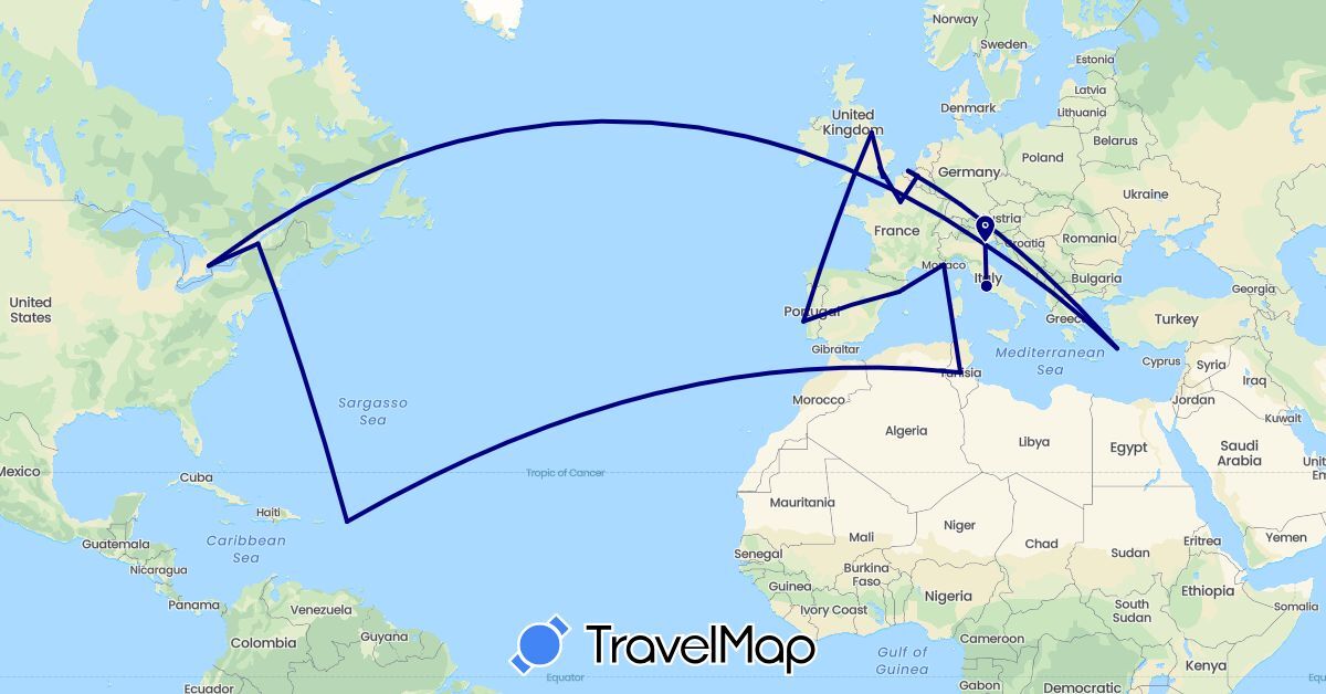 TravelMap itinerary: driving in Belgium, Canada, Germany, Spain, France, United Kingdom, Greece, Italy, Monaco, Portugal, Tunisia (Africa, Europe, North America)